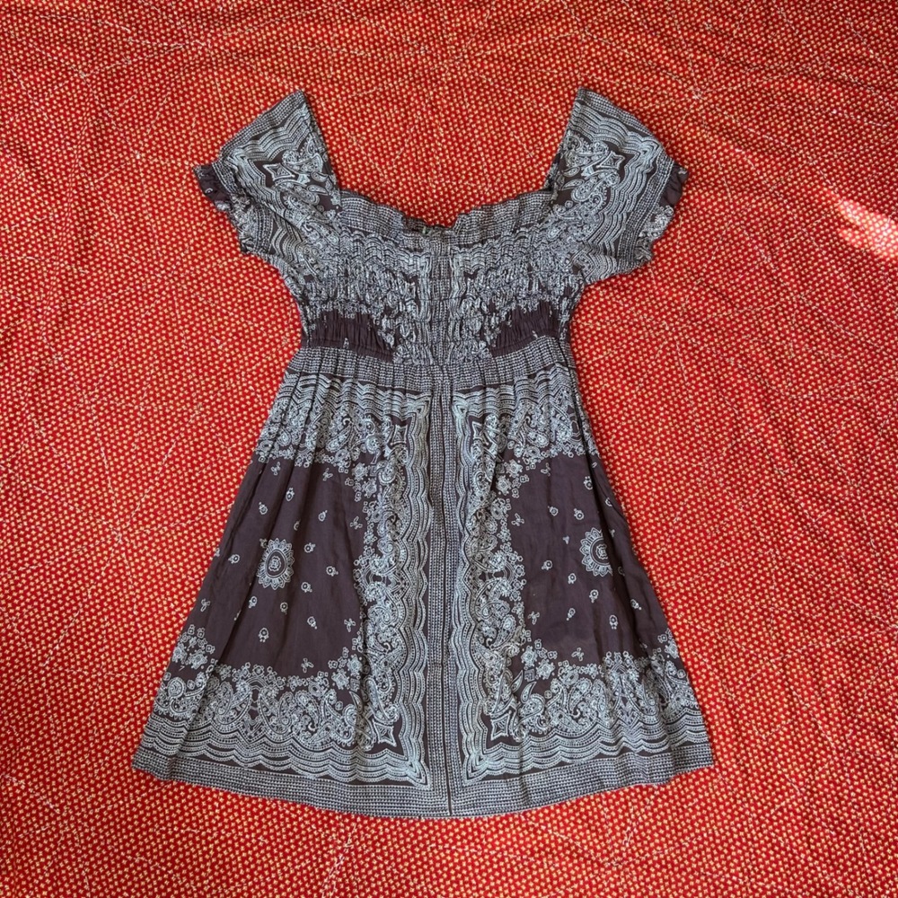 Vintage 90s Brown Bandana Paisley Smocked Mini Dress Women Large